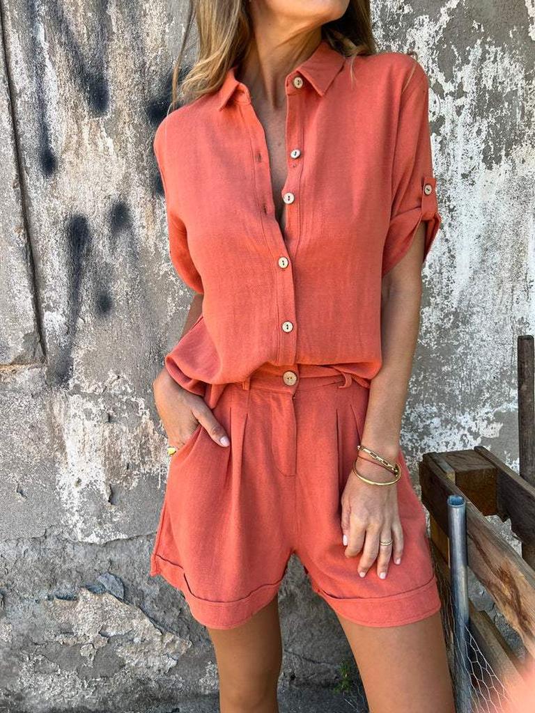 Summer New Cotton Linen Short Sleeve Shorts Set for Women