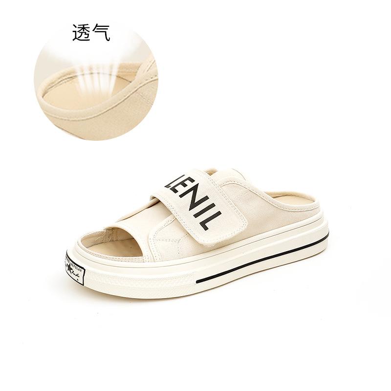 Canvas slippers women's 2025 summer new cool slippers girls wear fashion flat-bottomed Velcro beach slippers women