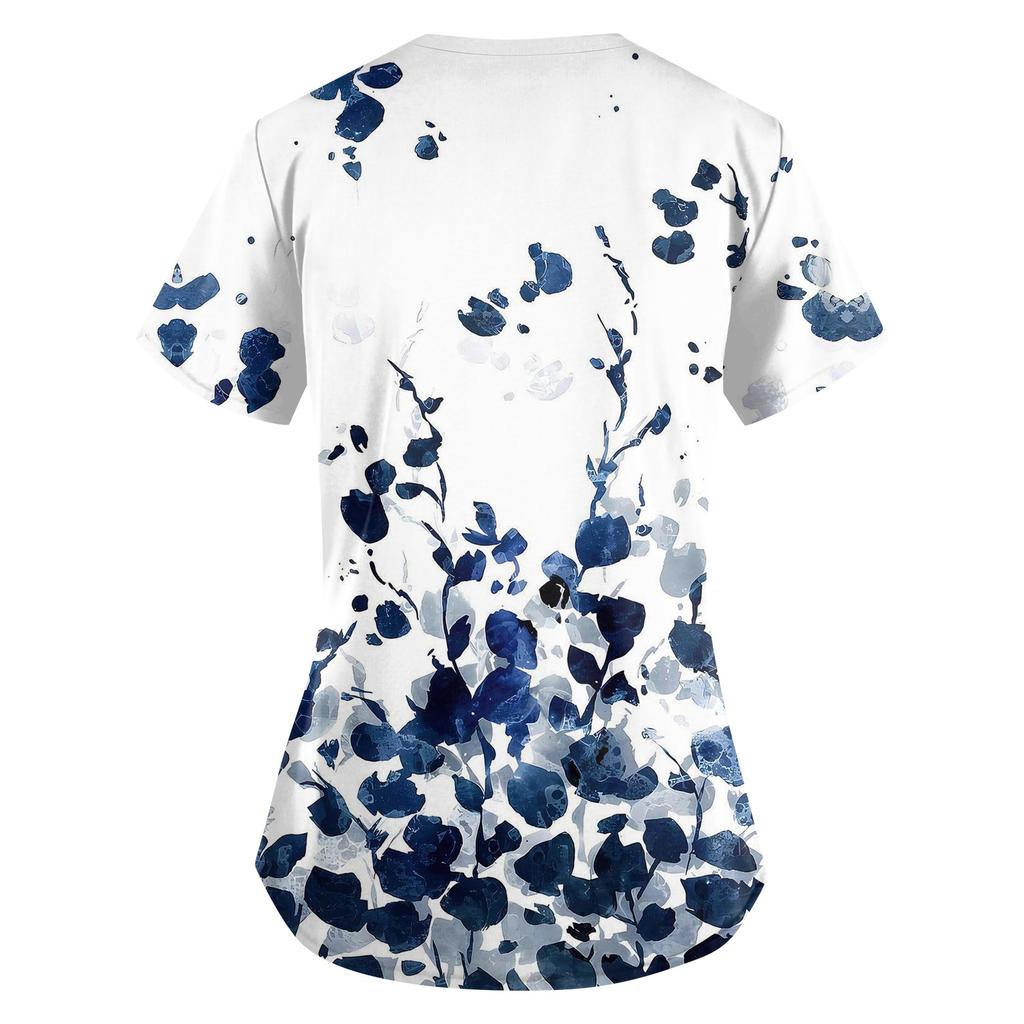 Mărimi MariUniforme Medicale Imprimate Topuri de Lucru pentru Femei Decolteu în V Încrucișat Imprimeu Mânecă Scurtă Tricouri Amuzante Îmbrăcăminte de Lucru Tricou cu Buzunare