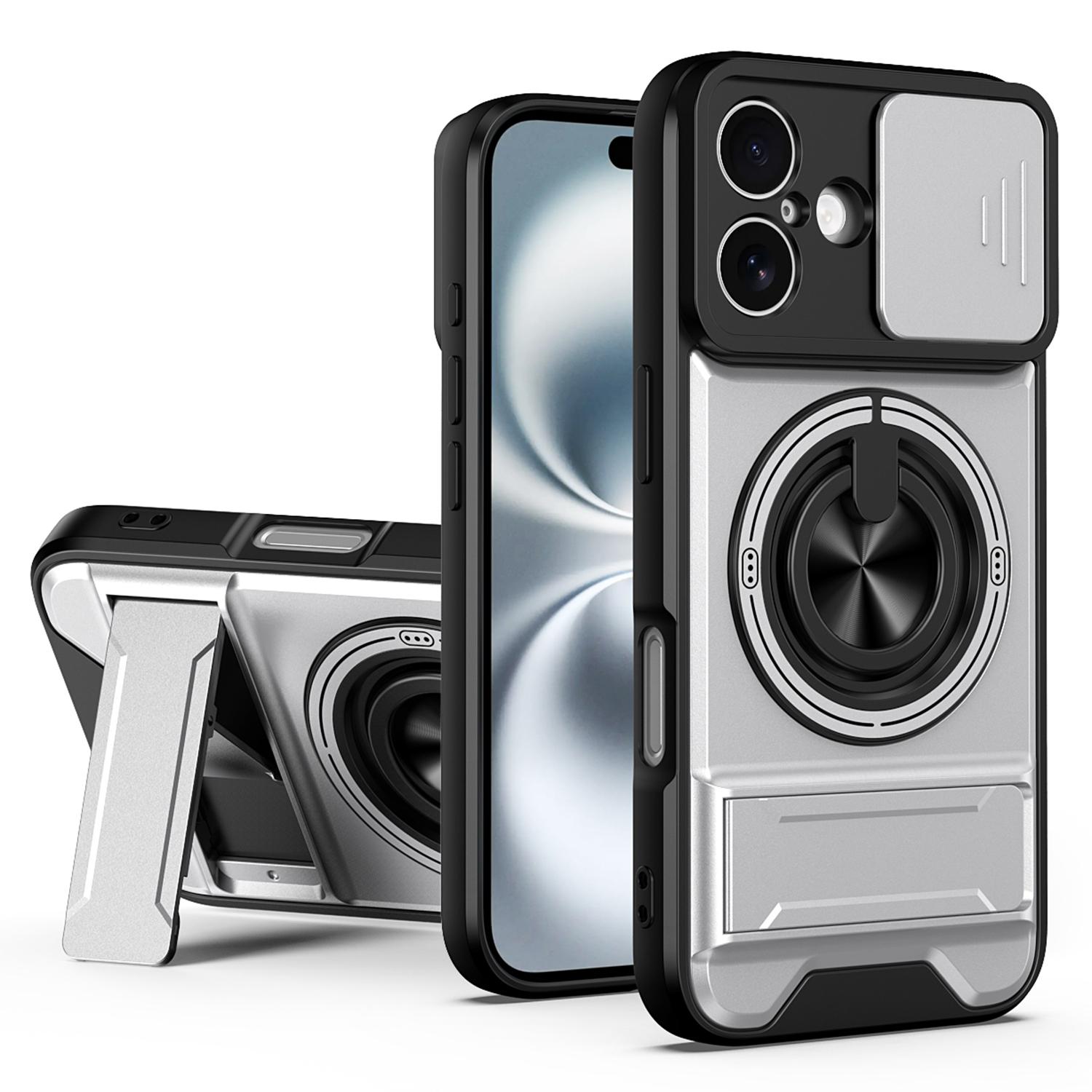 

For iPhone 16 Case Compatible with MagSafe Ring Holder Foldable Kickstand TPU PC Phone Cover with Camera Lens Slider