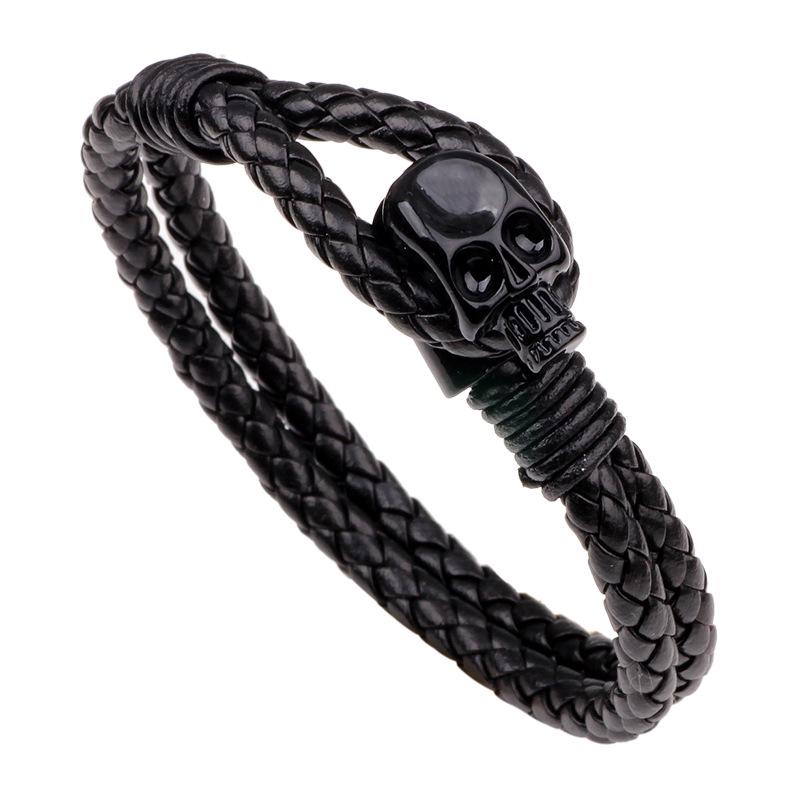 Bracelet tissé en cuir à boucle en alliage tête de mort pour homme, très tendance, style européen et américain