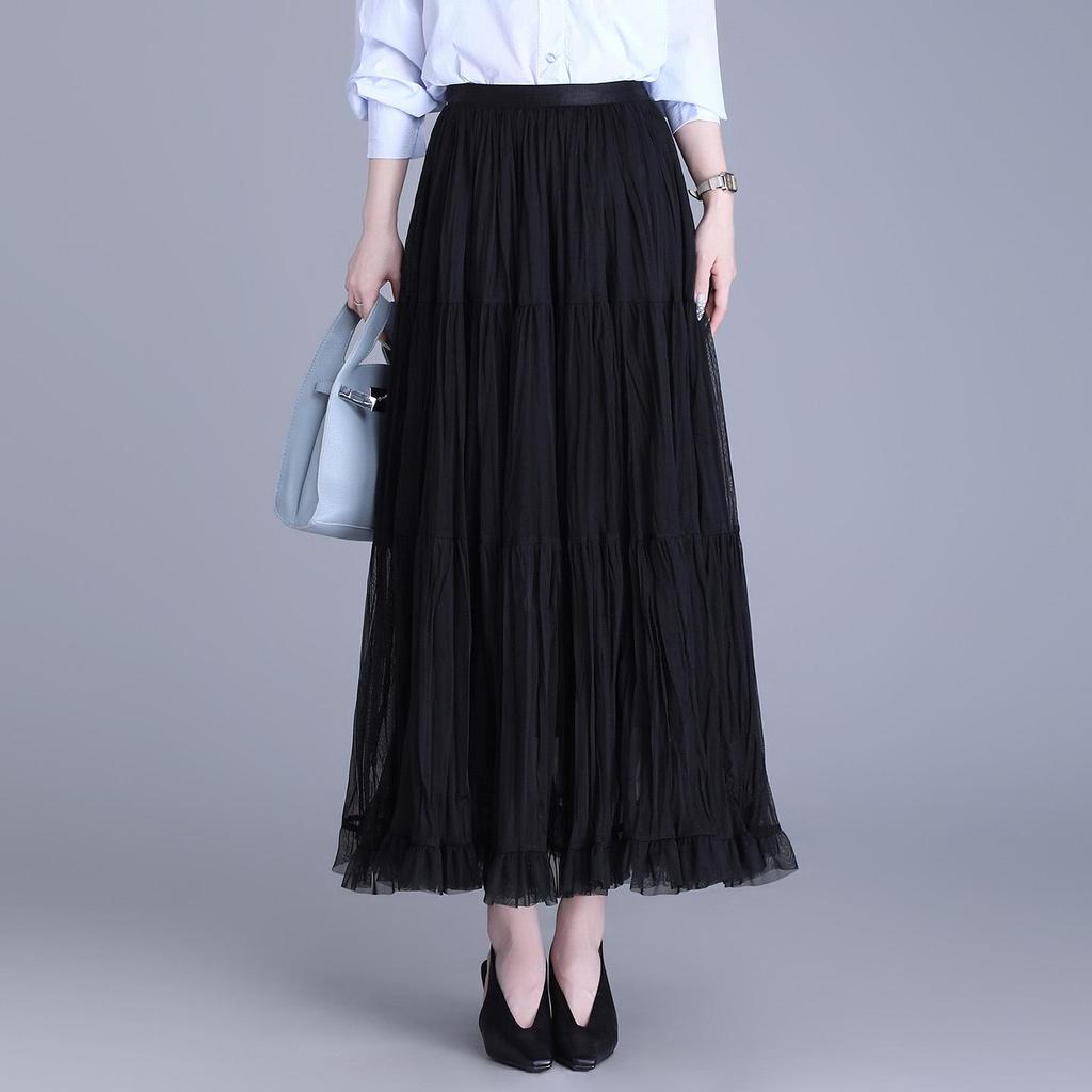 Women's 2026 Retro Ruffled Pleated Mesh Skirt - Slimming Elastic Waist, Early Spring