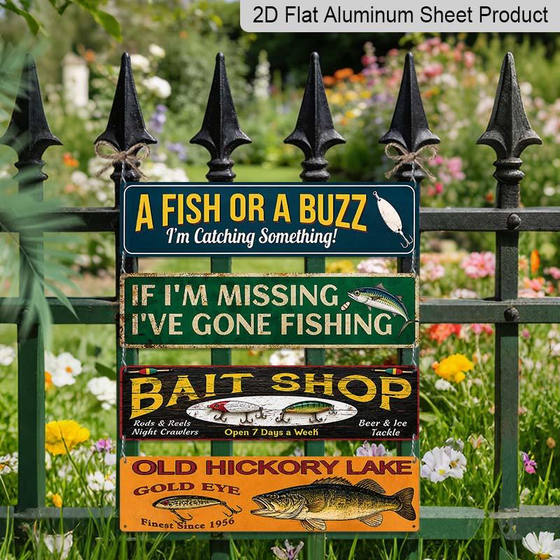 2D Flat 4Pair/Set Rustic Fishing Quote Aluminium Decorative Sign, Bass Fish Fishing Lure Vintage Aluminum Wall Plaque, Farmhouse Cabin Man Cave