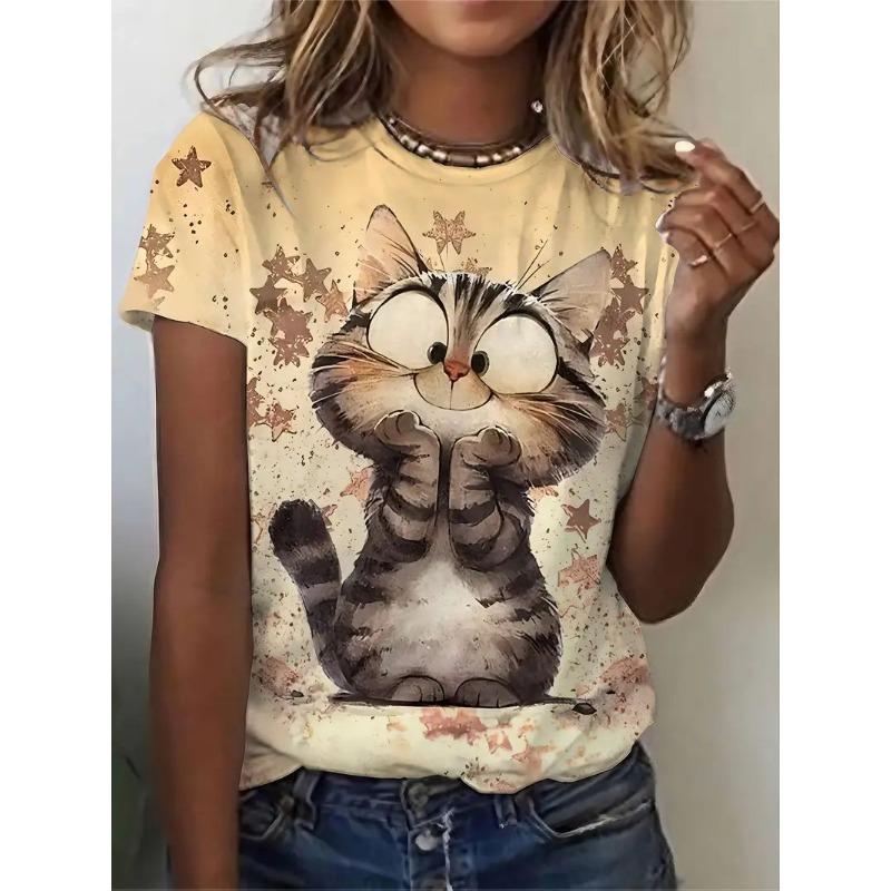Women's round-neck T-shirt with a cat pattern print