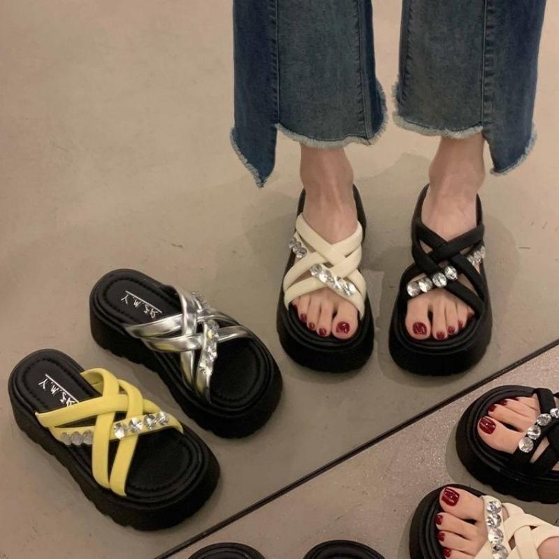 Fashion Thick Bottom Heightening One-word Slippers Rhinestone Premium Outer Wear Versatile Non-slip Comfortable New Summer