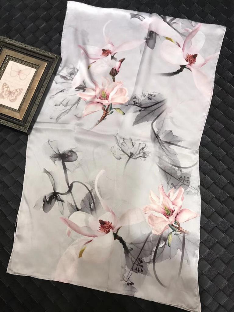 Chinese Style Ink Lotus Silk Scarf Shawl Women  New Design 100% Natural Silk Long Scarves Grey Pink Neck Scarves 175*53Cm