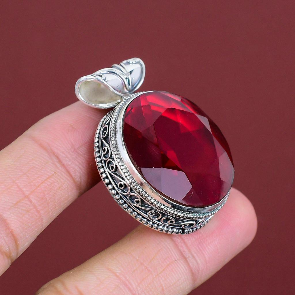 Faceted mozambique garnet pendant natural gemstone pendant 925 sterling silver pendant handmade jewelry vintage design pendant gifts for her