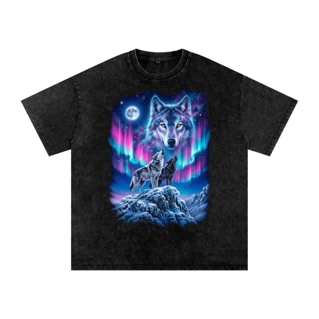 Northern Lights Wolves | Snow Washed Oversized Cotton T-Shirt and kids shirt