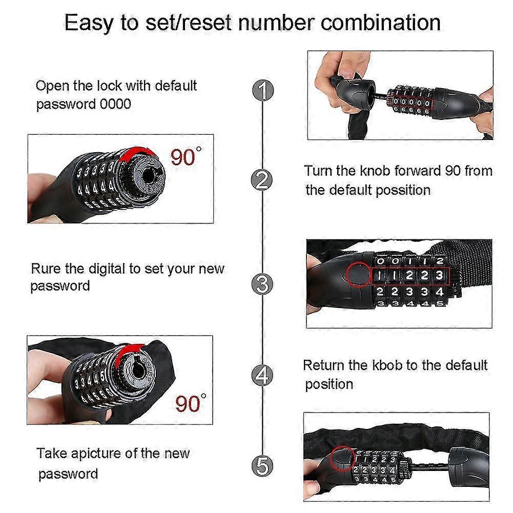 Anti-Theft Bike Steel Chain Cipher Lock with 5-Digit Password - Black