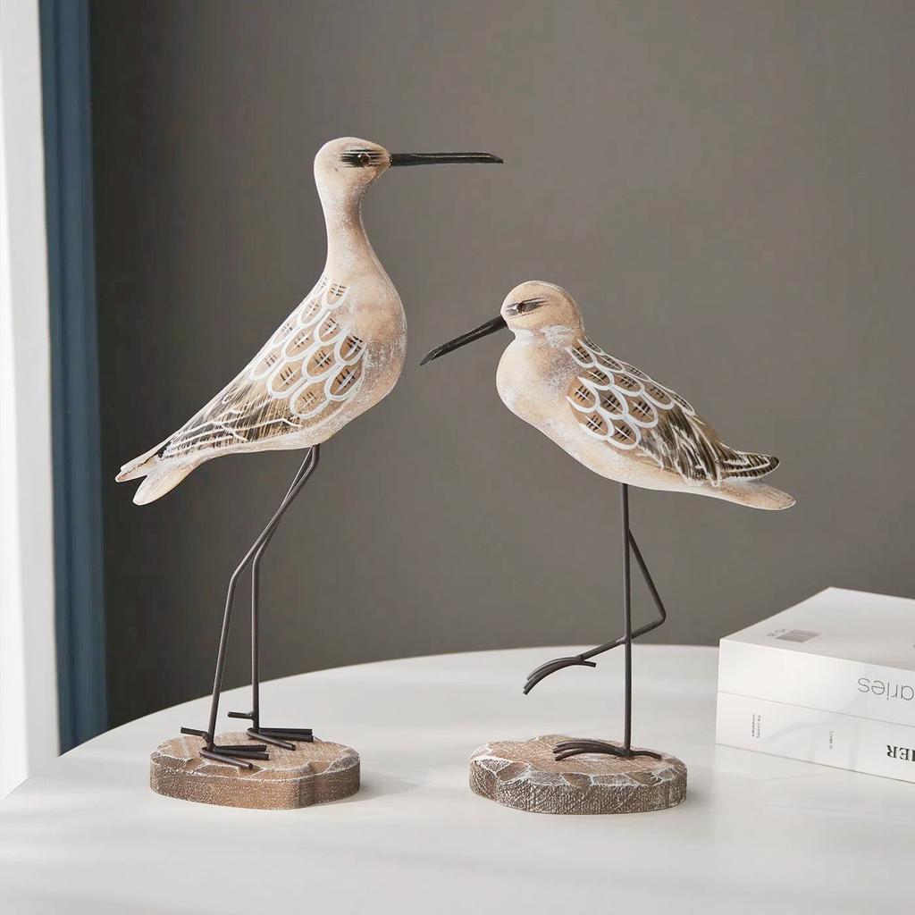 2pcs Wooden Seagull Statues – Nautical Coastal Bird Figurines for Beach Home Decor