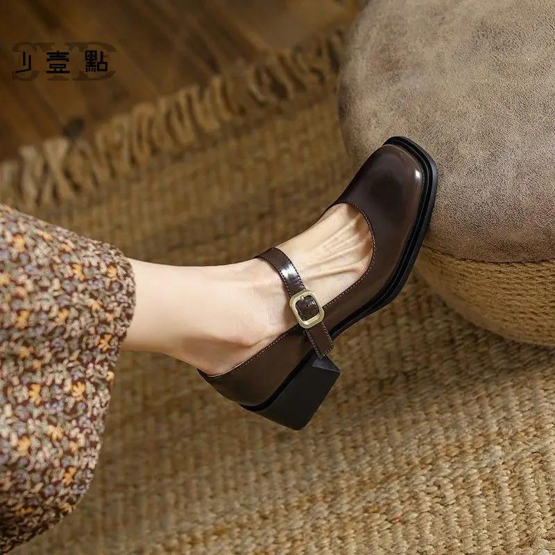 Fashion Women's Shoes Block Heel Square Toe with Medium Heels Japanese Style Lolita Mary Jane Gothic Chunky Buckle Ladies Footwear Trend