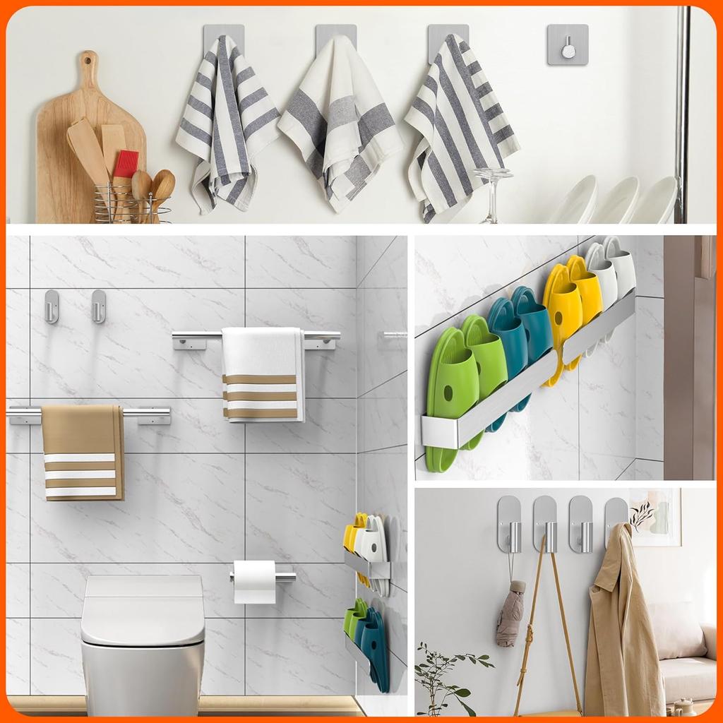 Towel Racks for Bathroom,QIYOOO 10pcs Upgraded Version Thickened SUS304 Stainless Steel Self Adhesive Towel Bar Set,Self-Adhesive/Drilled