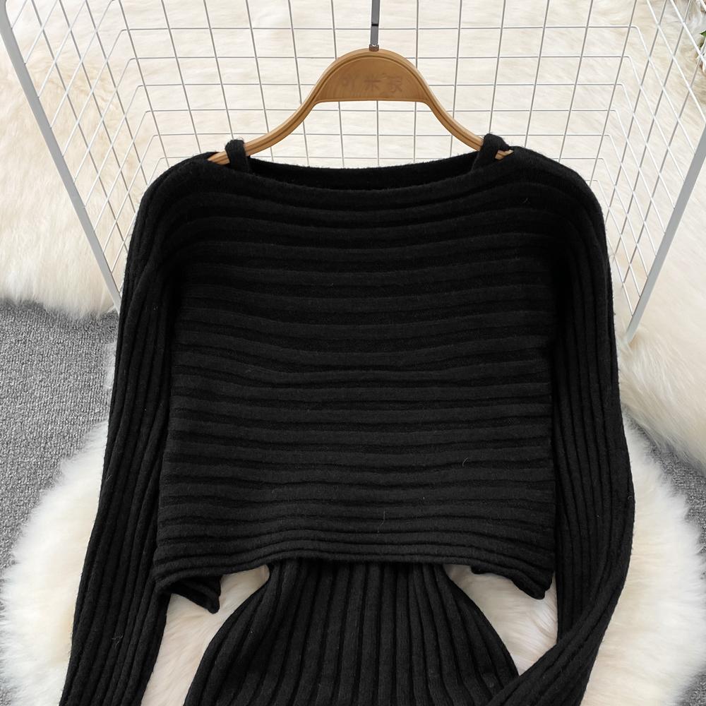 Lazy Style Dlouhý rukáv Kulatý výstřih Volný úpletový top + Dvoudílná souprava vesty s výstřihem do V