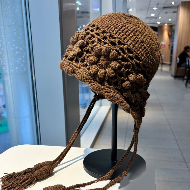 Korean Tassel Flower Knitted Ear Protection Hat Women Autumn Winter Warm Handmade Crochet Earmuffs Cap Girl Pullover Beanie Hat