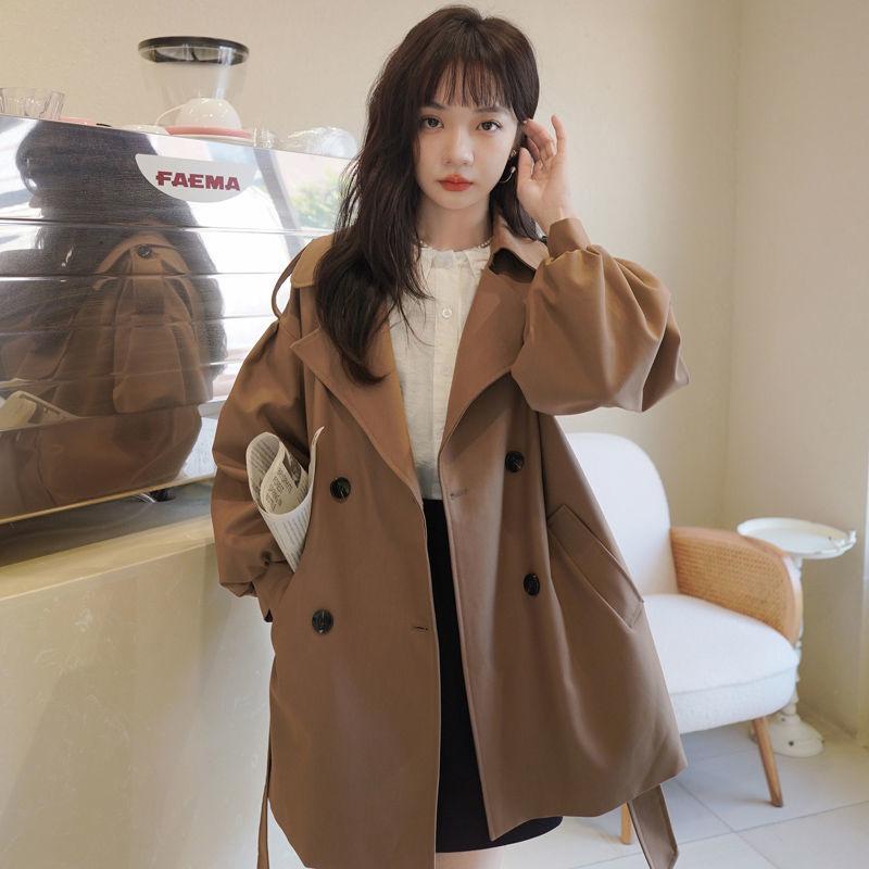 Coffee Colored Short Windbreaker Jacket for Women Spring and Autumn Collection Lantern Sleeve Coat