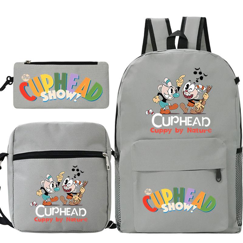 Cartoon Teacup Head Cuphead Student Backpack Oblique Span Bag Pencil Bag Primary And Secondary School Students Children'S Schoolbag Three-Piece Set