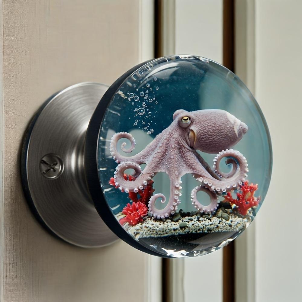 Retro Round Resin Door Handle - Realistic Fish and Floral Design, Crystal Transparent Spherical Door Handle, Artistic Natural Style Decoration