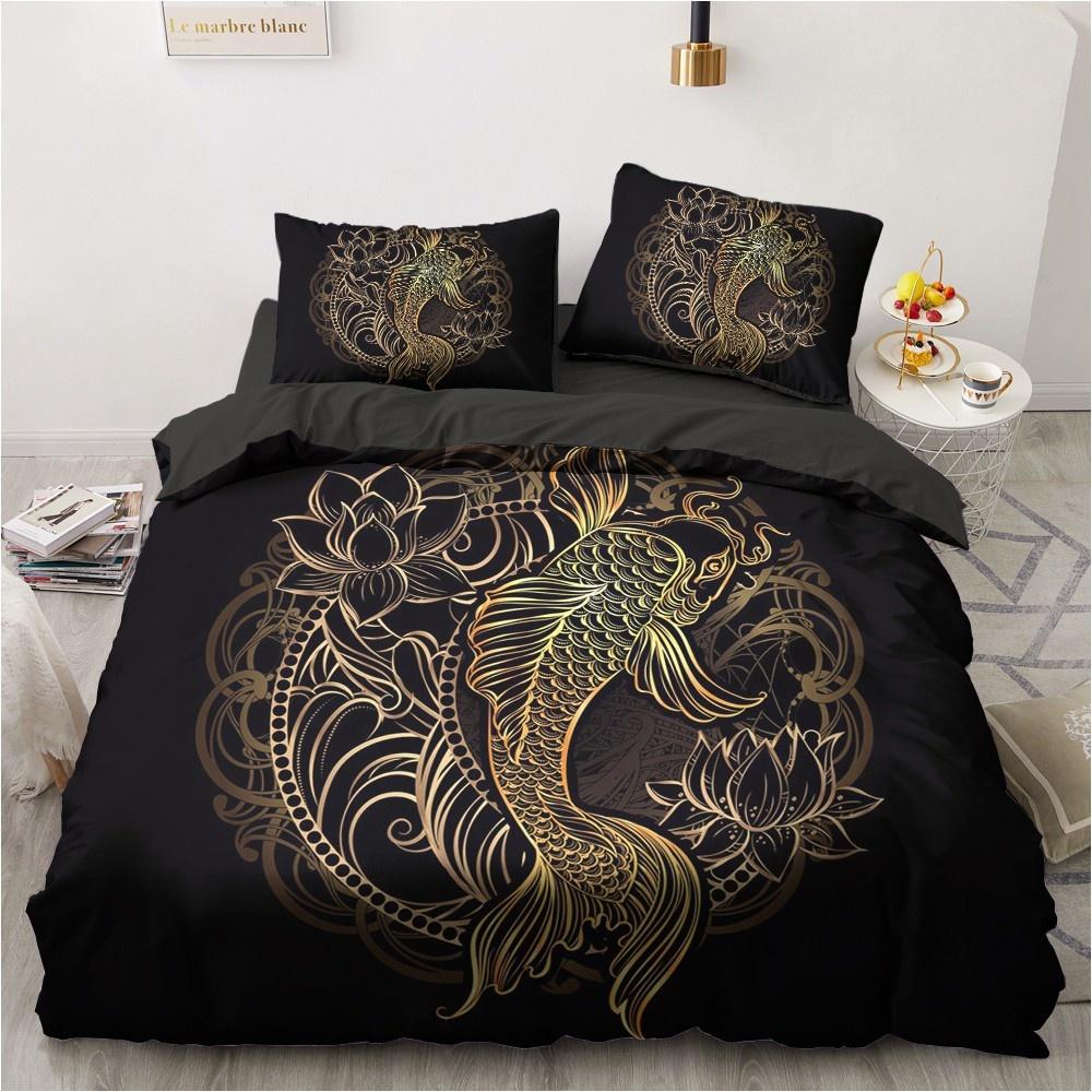 3-teiliges Bettwäsche-Set Kissenbezug King Queen Full Einzelbett Leinen Gold und Schwarz Design 3D-bedrucktes Bettbezug-Set für Teenager Frauen