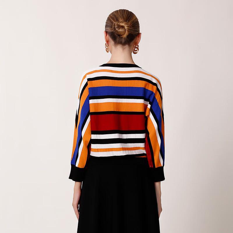 Anlom Women's Round Neck Striped Mulberry Silk Blend 3/4 Sleeve Knit Top