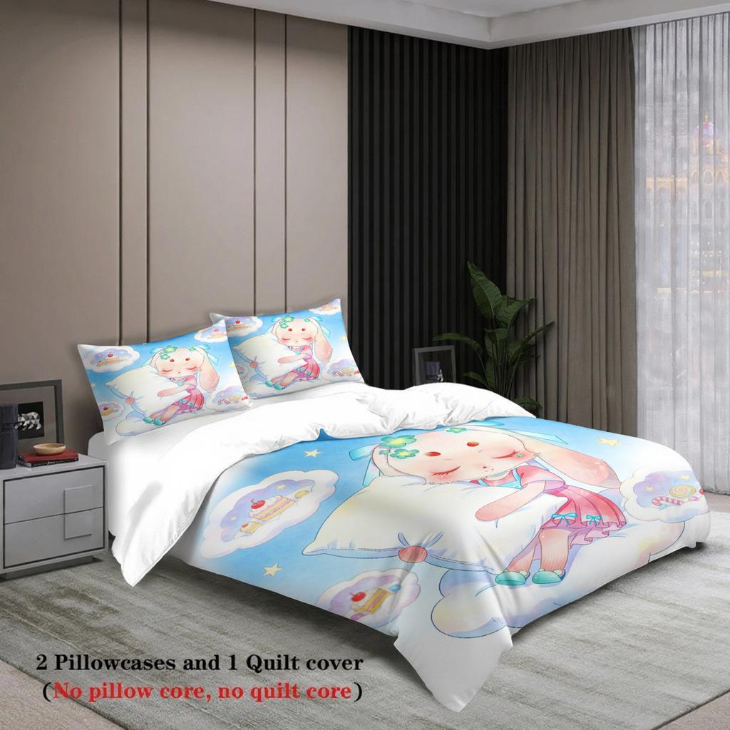 Softville Cozy Town 3PC Bedding Sets Lop Rabbit Snuggling a Cloud Pill Pint Duvet Cover No Filling Cartoon Style Queen King Size