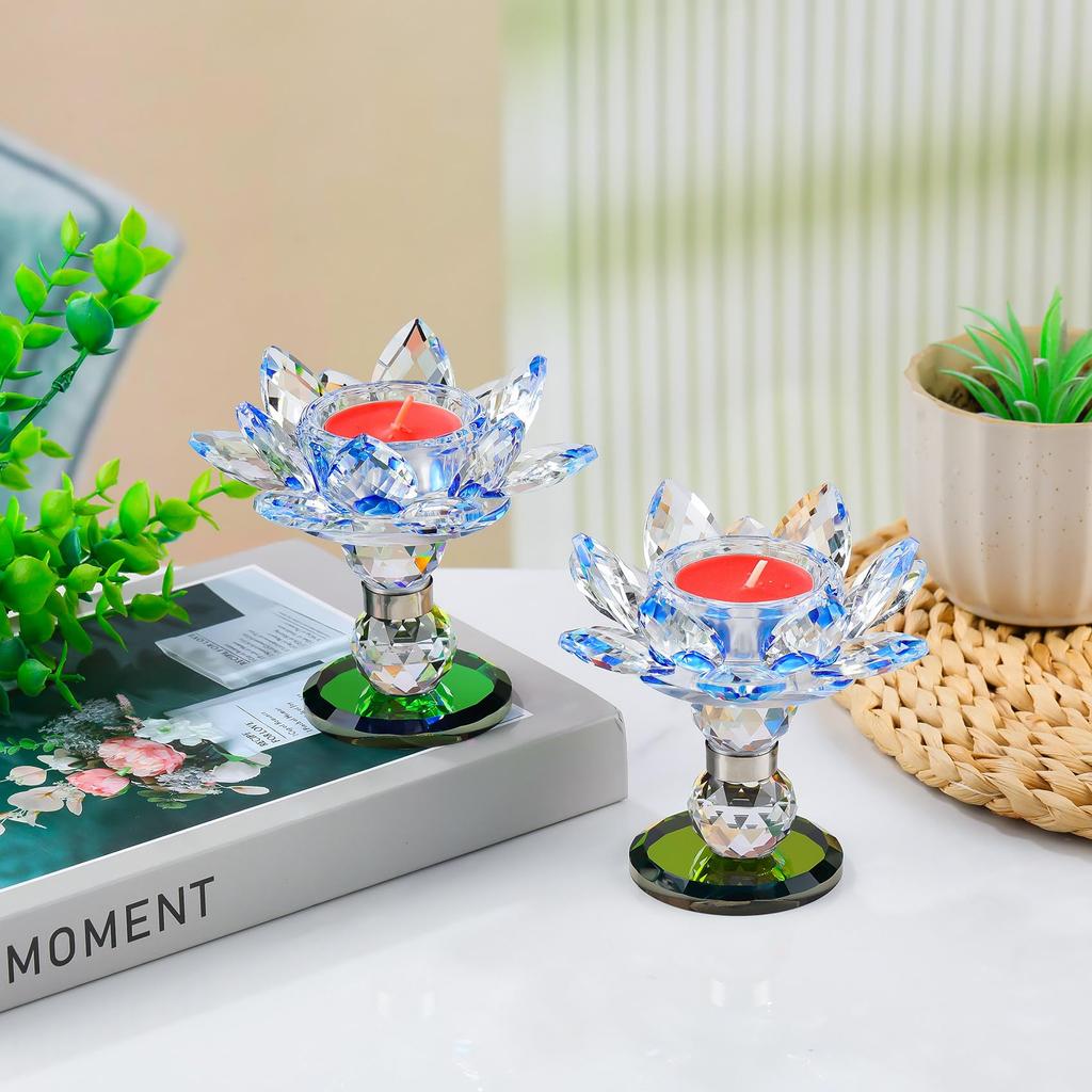 Porte-bougie Lotus en Cristal Qianwei, Ornement d'Autel Bouddhiste, Fleur de Lotus Artificielle, Rotation à 360°, Porte-bougie Coupe-vent, Hautement Translucide