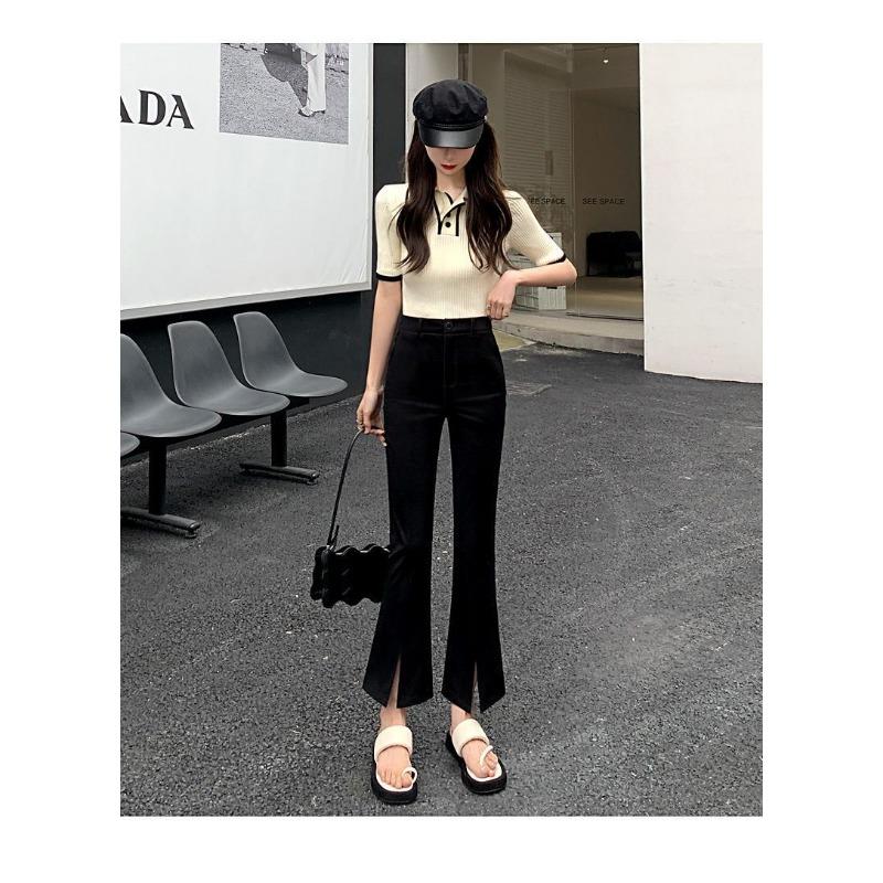 High Waist Split Micro Flared Black Cropped Suit Pants For Women