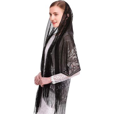 Women Party Evening Lace Shawl Lady Wedding Wraps with Tassel Chapel Veil Scarf Vintage Catholic Church Latin Mass Head Covering