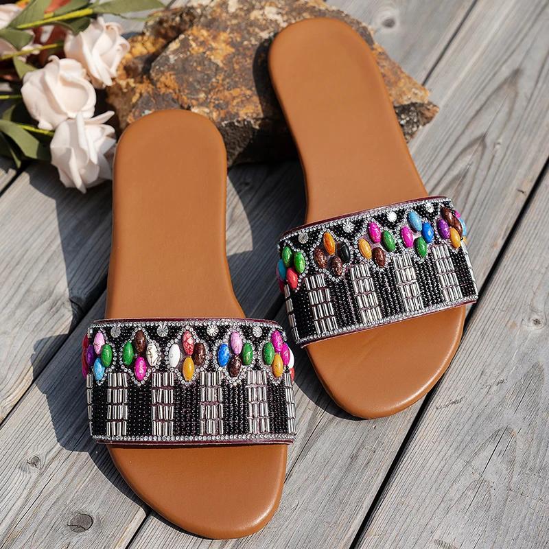 Fashion Fashion Shiny Sequins Square Heel Slides Women Beach Comfortable Low Heel Slippers Female New Weightlight Soft Sole Sandal Mujer