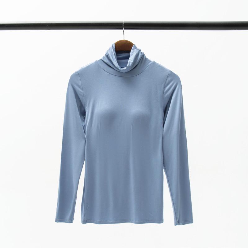 Damska wyściełana koszulka modalowa z wysokim dekoltem i długim rękawem z wbudowanym biustonoszem