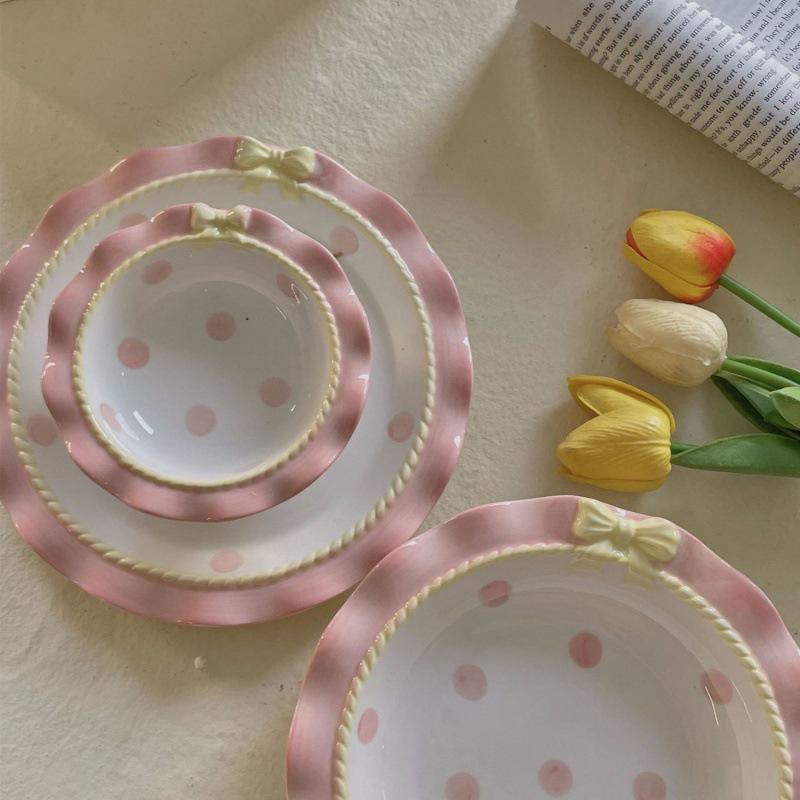 Keramikgeschirr-Set im koreanischen Stil: Punkte Schleife - Niedliche Reisschalen & Tiefe Teller