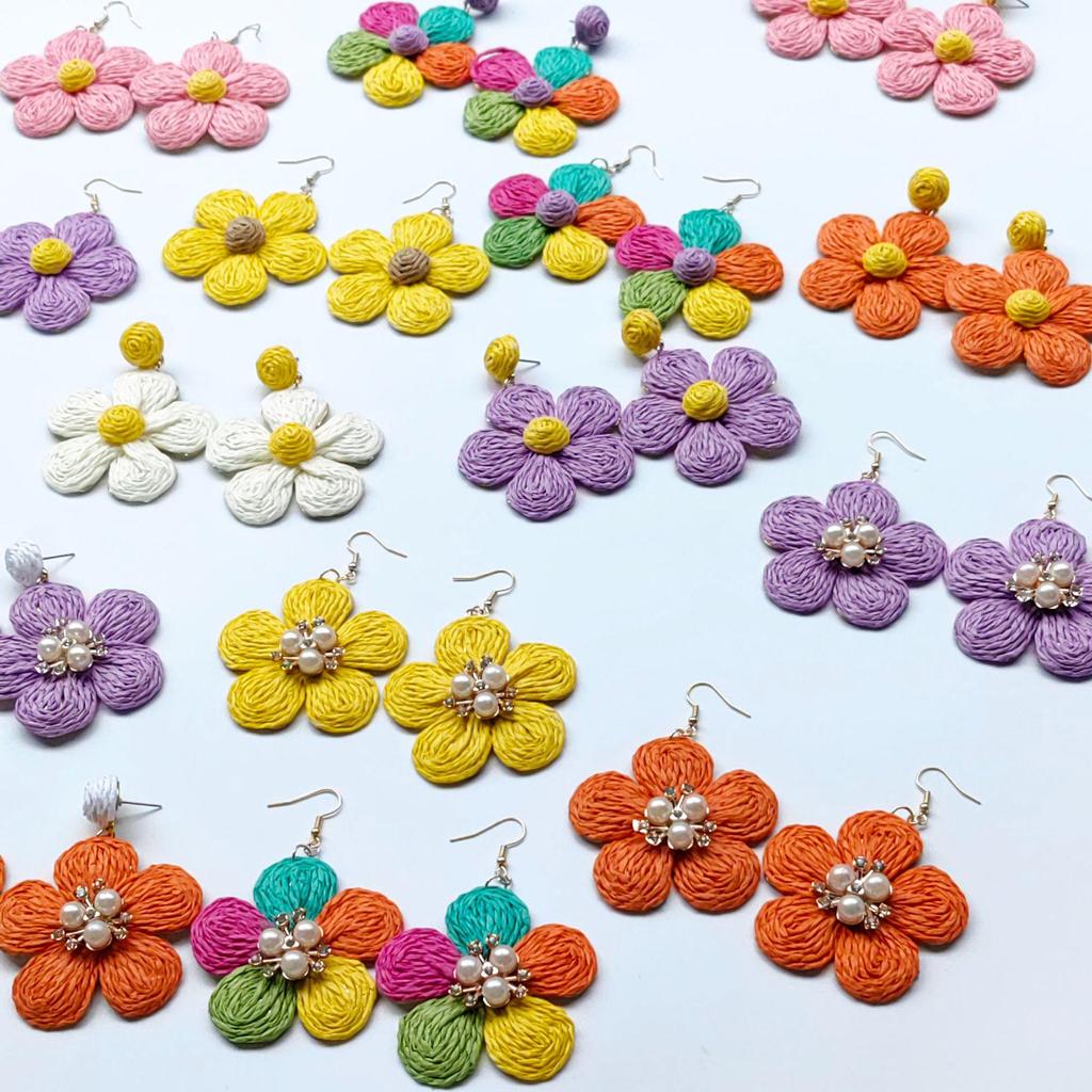 Hand-Woven Raffia Flower Earrings: Colorful, Sweet, Exaggerated Drops