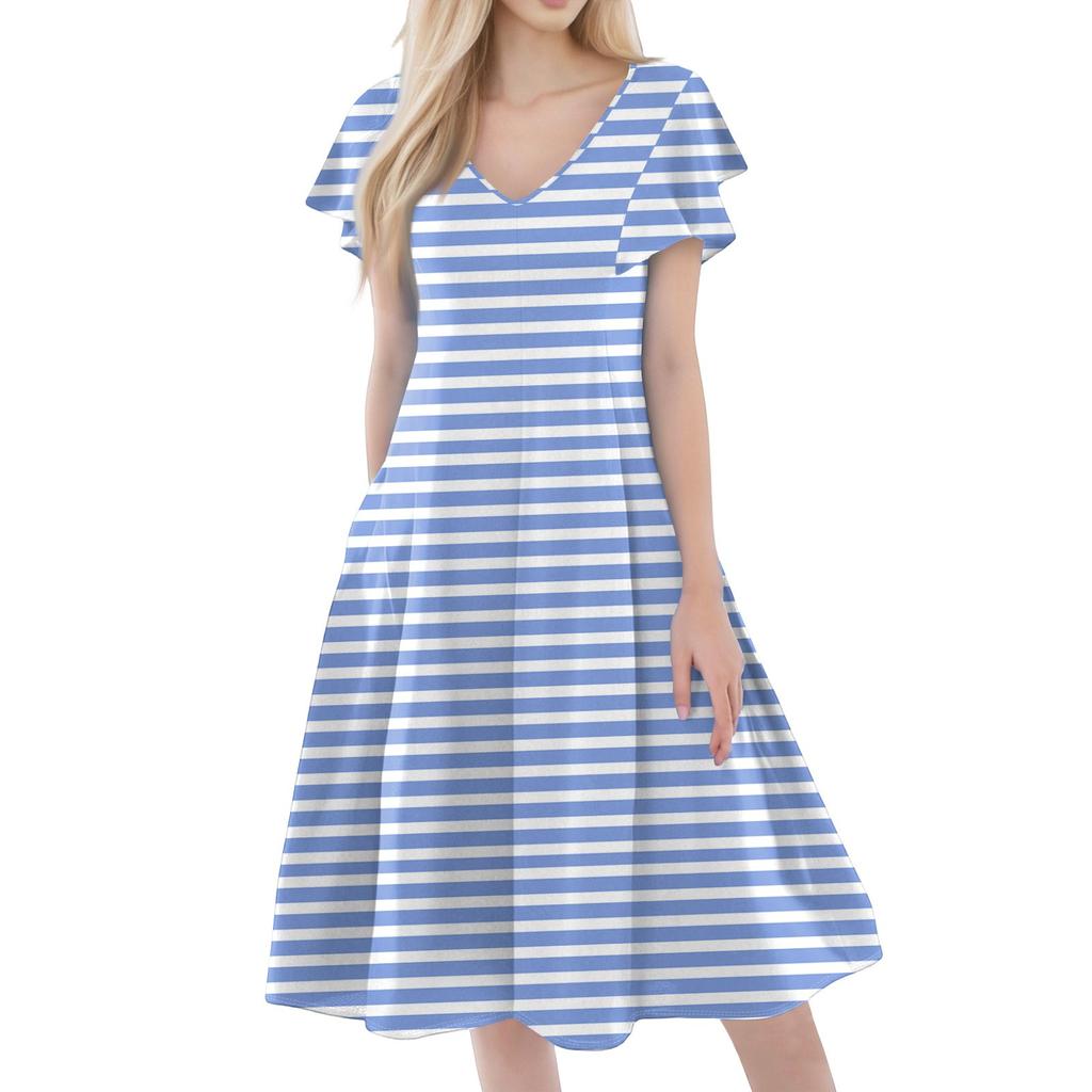 Women's Casual Fashion V-neck Short Sleeve Print Dress With Pockets