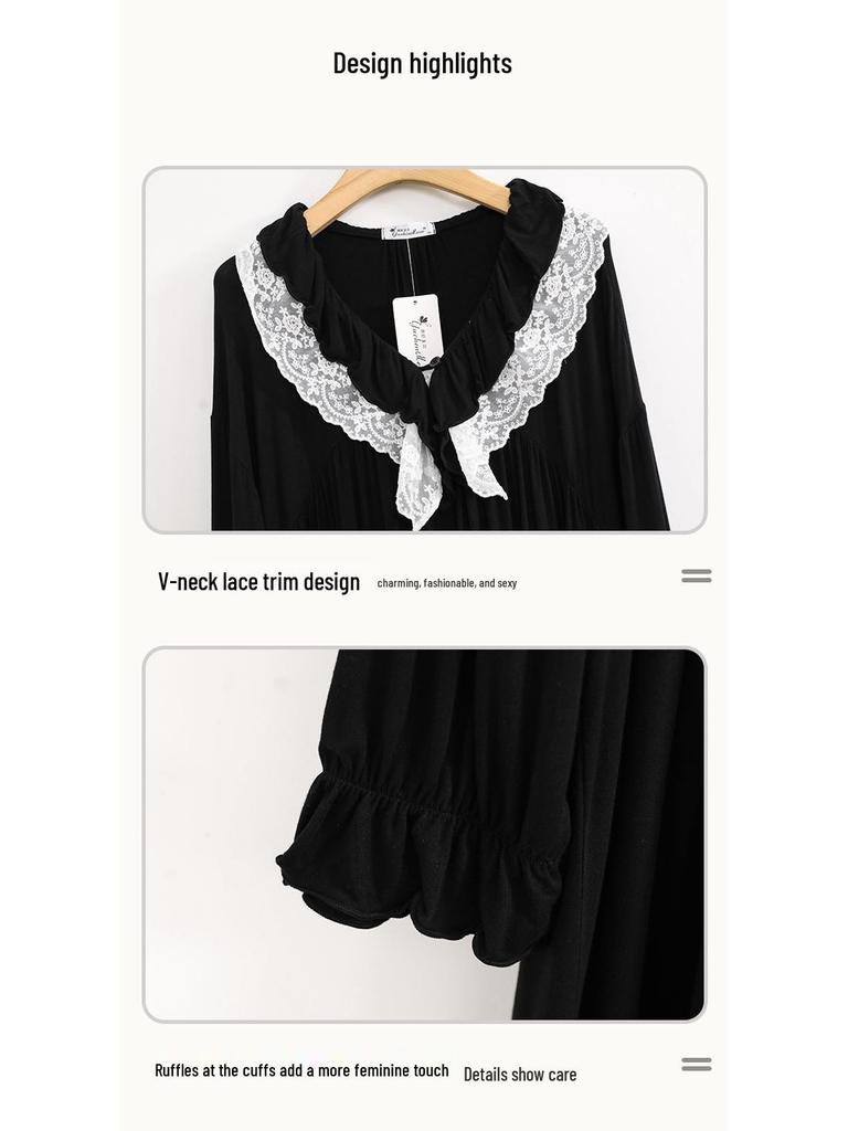 Autumn Plus Size Lace Long Sleeve Modal Dress - Versatile Women's Homewear Pajamas