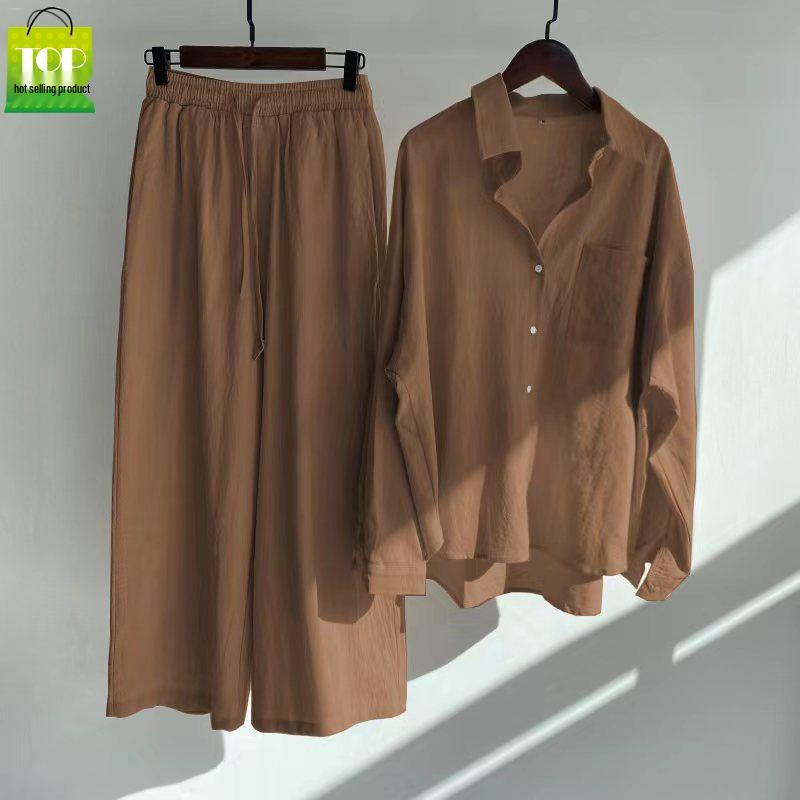 Women's Retro Plus Size Cotton Linen Shirt and High Waist Wide Leg Pants Two-Piece Set 2025