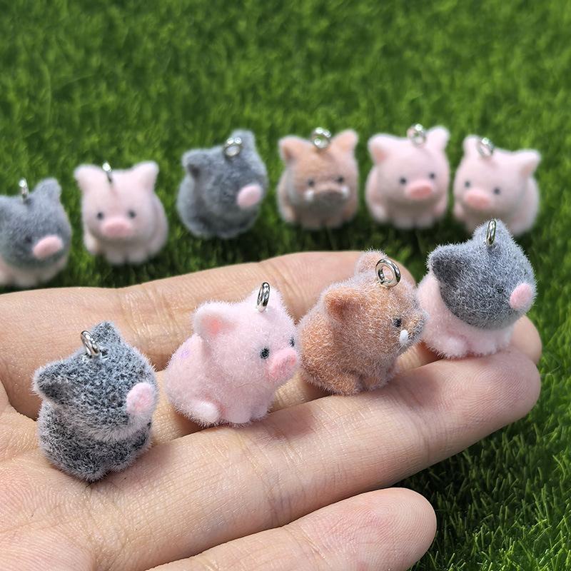 2Pcs Adorable 3D Mini Flocking Pig Charms Soft Flocked Piggy Pendants for DIY Jewelry Making Kids Art Craft Projects