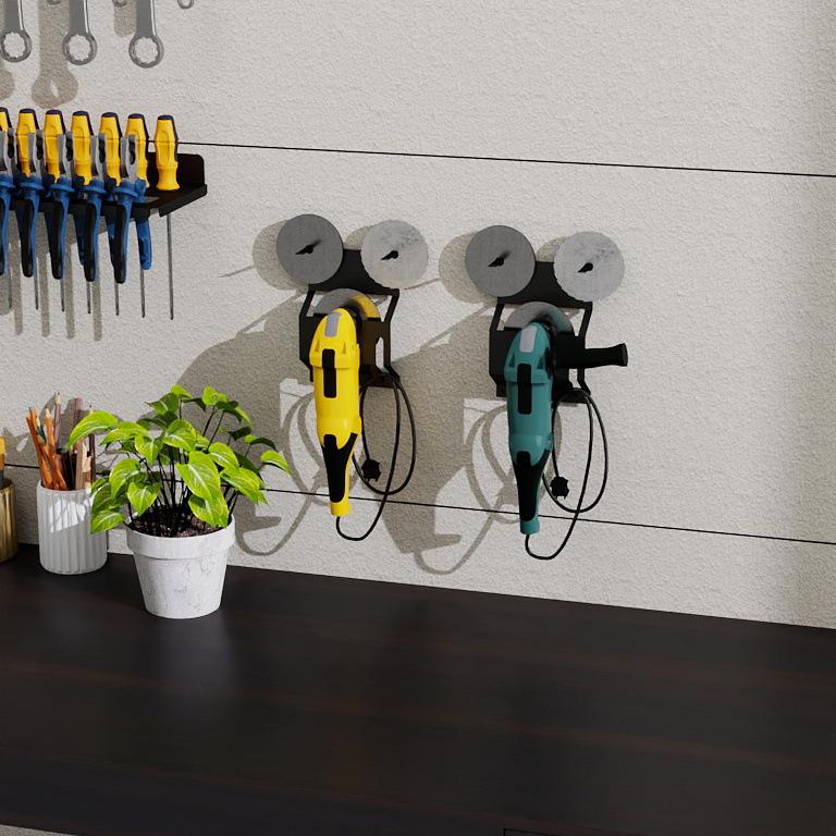 Heavy-Duty Wall-Mounted Grinder Bracket with Rope Hook for Space-Saving Garage Storage
