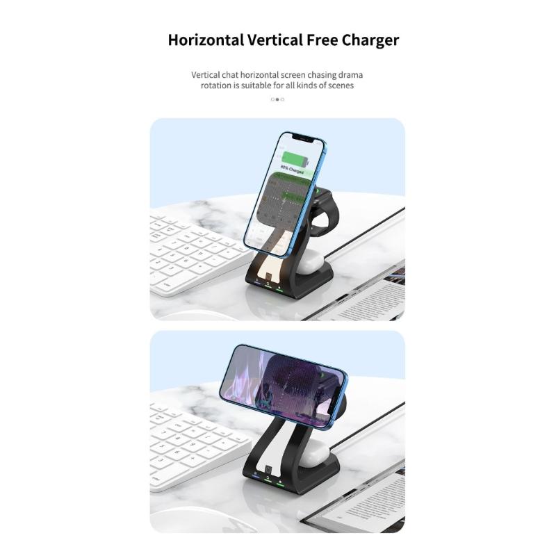 Magnetic Wireless Charging Station ABS Texture Suitable for Phone Watch Earphone Fast 15W Charging Built In Night Light