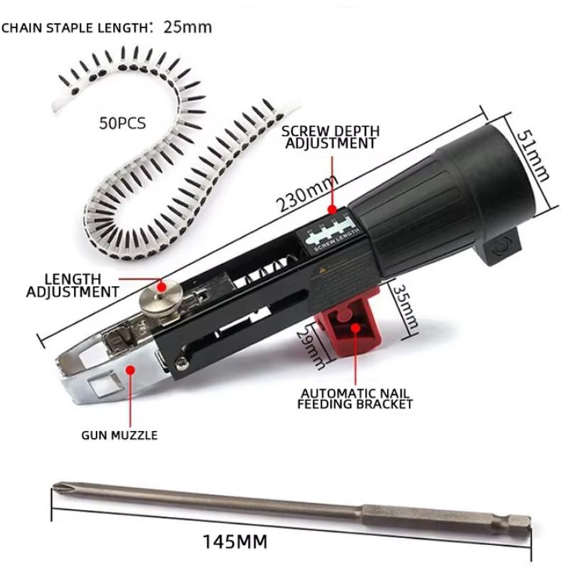 

1 Set Rechargeable Chain Screw Gun Head, Automatic Nail Gun, Electric Batch Woodworking Decoration, Self Tapping Screwdriver чорний