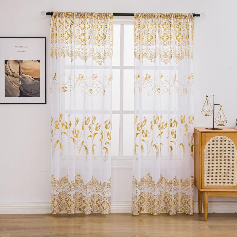 2pcs/set Tulip Gold Foil Sheer Curtains – Floral Semi-Blackout Window Curtains, Rod Pocket Home Decor