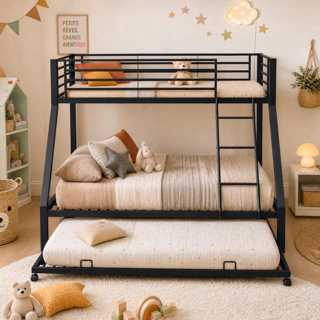Metal Bunk Bed 90x200 & 140x200 Cm, Pull-Out Bed 90x190cm, Family Bed Capacity Up To 550kg, 3 Sleeping Places, Slanted Ladder & Fall Protection, Black