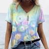 Women Short Sleeves V-Neck T-Shirt Oversized Beautiful Clothing Loose T Shirt Clothing Woman Flowers Print Top Pullover Outdoor