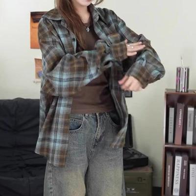 Chemise à carreaux vintage française pour fille, décontractée, ample, toutes saisons, pour femme, haut de rue, manches longues, col à revers