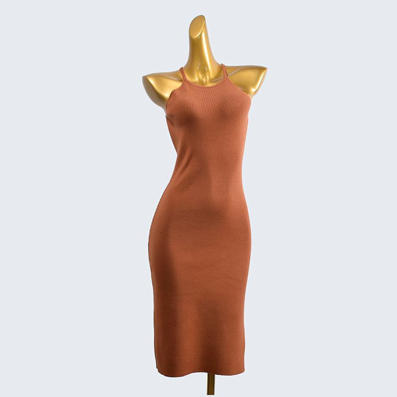 

Spring and Autumn Halterneck Sleeveless Slim Fit Slit Pure Color Knitting Sheath Dress Inner Wear Women s Plaid Stretch Pullover Brown All yards