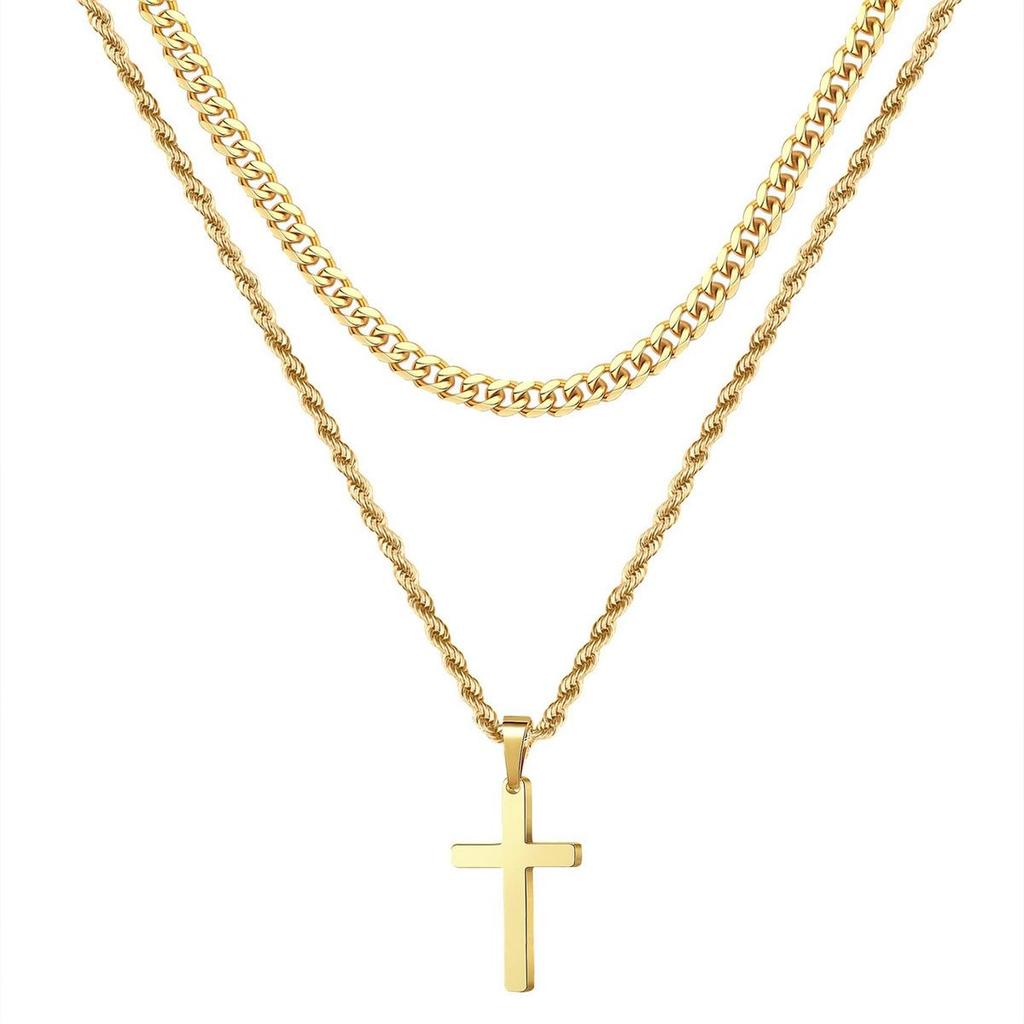 Stainless Steel Hip-Hop Men's Double-Layer Gold Cross Necklace