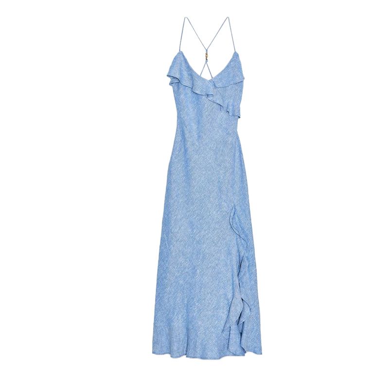 Summer New Product Women Clothes Holiday Style V-neck Linen Blend Laminated Decoration Sling Dress 7953757