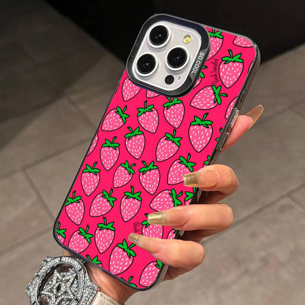 Cute Strawberry Phone Case For iPhone 17,16,15,14,13,12,11 Plus,Pro Max,XS,Colorful Silver Phone case Funda Cover