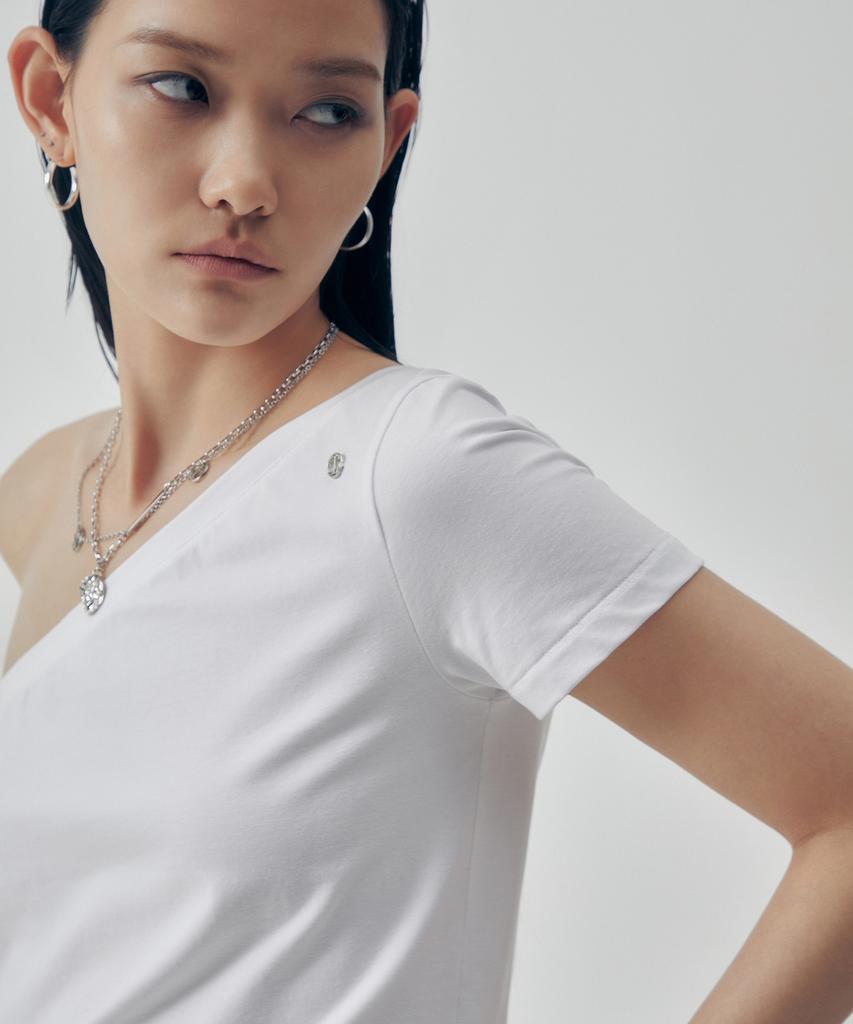 Teulimingbeodeu One-Shoulder Sleeve T-Shirts [ White ]