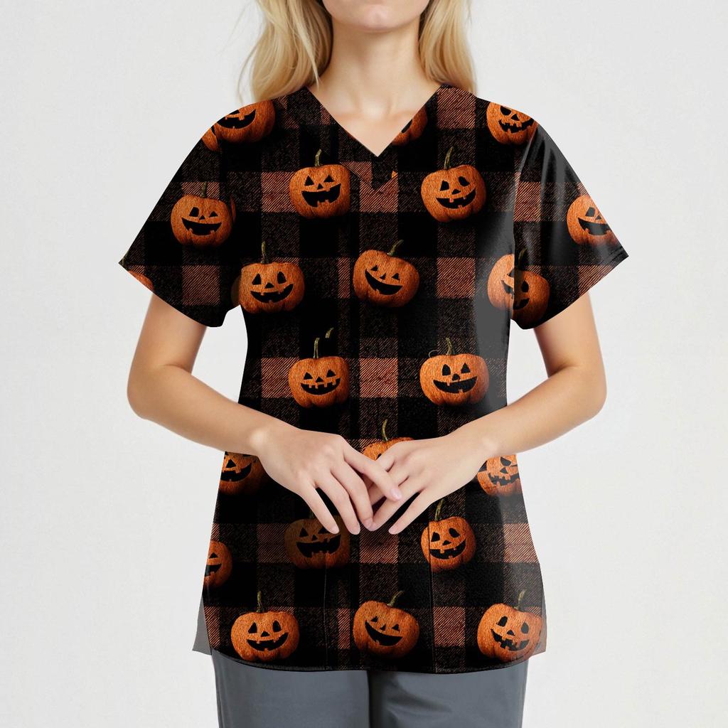 Damenmode V-Ausschnitt Kurzarm Overalls mit Taschen Halloween Bedruckte Oberteile Bekleidung