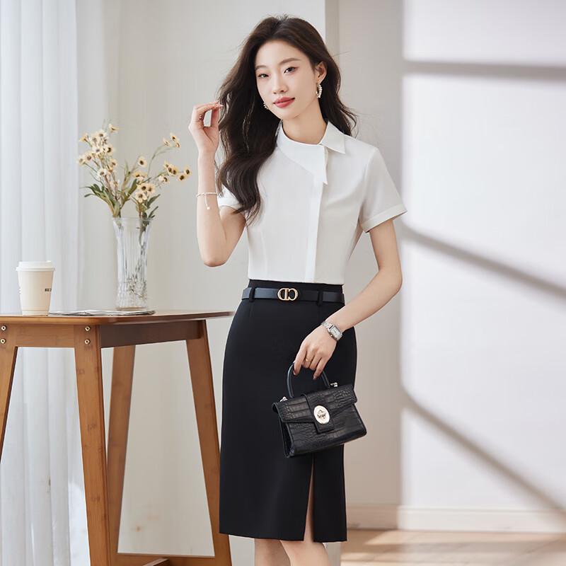 Toluoman Women's Elegant White Short-Sleeve Professional Shirt