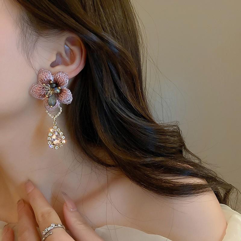 Vintage Asymmetric Fabric Flower Earrings Crystal Inlaid Elegant Ear Jewelry Women